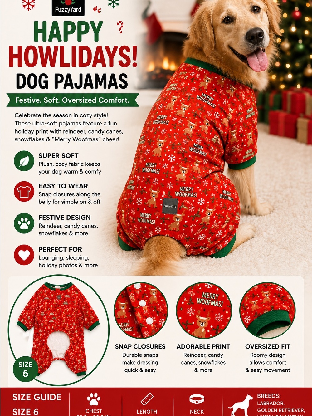 Fuzzyard Red 'Merry Woofmas' Holiday Dog Pajamas with Green Trim